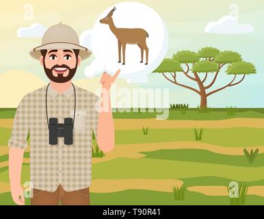 Glückliche Menschen in Cork hat, Tier Hunter denkt über gazelle Dorcas, Landschaft safari, akazie Regenschirm, afrikanischen Landschaft, Vector Illustration Stock Vektor