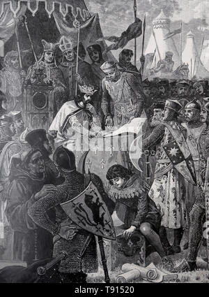 Abbildung: Darstellung von König John die Unterzeichnung der Charta (Magna Carta) an Runnymede 1215 A.D Stockfoto