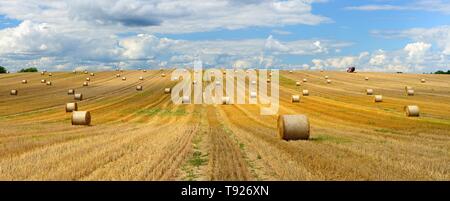Panorama, endlose Stoppeln Feld mit Strohballen, Ballenpresse am Horizont, Himmel mit Wolken cumulus, Uckermark, Brandenburg, Deutschland Stockfoto