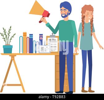 Paar in die Arbeit im Büro mit weißem Hintergrund Stock Vektor