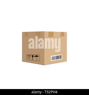 Box Karton container Vector Illustration, Karton pack mit Handhabung Verpackung Symbole, Text Aufkleber, Barcode, geschlossenes Paket, Paket, Papier Stock Vektor