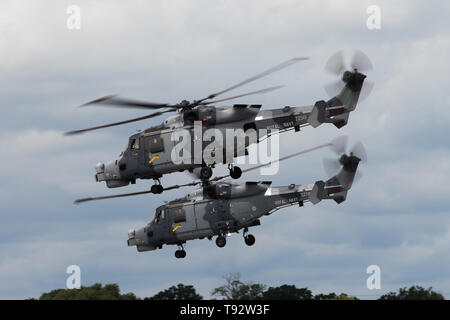 Ein paar AgustaWestland AW159 Wildcat HWA 2 Fliegen in RAF Fairford. Stockfoto