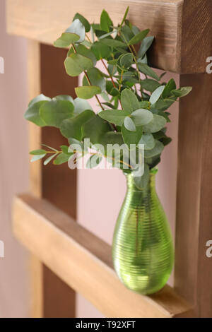 Vase mit grünen Eukalyptus Filialen auf holzleiter Stockfoto