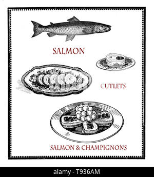 Küche der Vergangenheit, schwarze und weiße Collage von Gravuren beschreibt die Aufmachung des Lachses Schnitzel Stockfoto