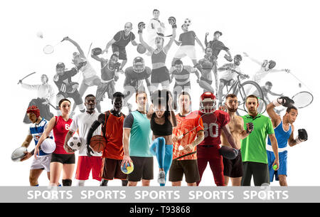 Sport Collage. Tennis, Laufen, Badminton, Fußball und American Football, Basketball, Handball, Volleyball, Boxen, MMA-Kämpfer und Rugby Spieler. Passen Frauen und Männer auf weißem Hintergrund stehend Stockfoto