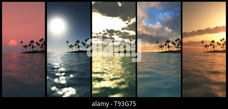 3D-Darstellung von Sonne, Meer und tropischen Inseln Stockfoto