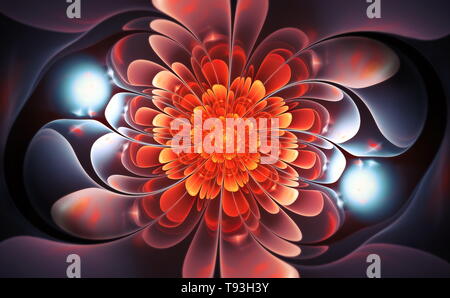 Abstrakte fraktale Kunst Illustration. Rot und blau glänzende Blütenblätter. Dunkler Hintergrund. Schöne fraktale Illustration für kreatives Grafikdesign Stockfoto
