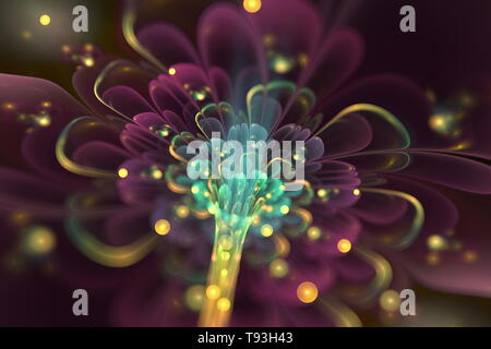 Abstrakte fraktale Kunst Illustration. Lila und blau glänzende 3d Blütenblätter. Dunkler Hintergrund. Schöne fraktale Illustration für kreatives Grafikdesign Stockfoto