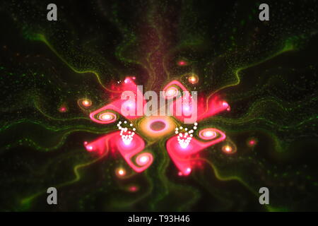 Abstrakt fraktale Kunst Hintergrund mit grün und rot leuchten und Bokeh auf einem dunklen Hintergrund. Schöne fraktale Illustration für kreatives Grafikdesign Stockfoto