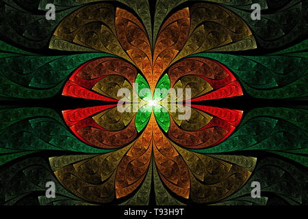 Abstrakte fraktale Kunst Illustration. Goldene und grüne und rote florale geometrische Ornament. Schöne fraktale Illustration für kreatives Grafikdesign Stockfoto