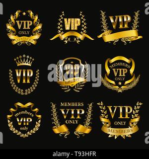 Satz von Gold vip Monogramme für Grafik Design auf schwarzem Hintergrund. Stock Vektor