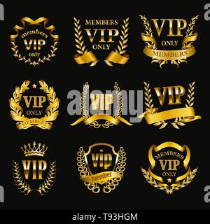 Satz von Gold vip Monogramme für Grafik Design auf schwarzem Hintergrund. Stock Vektor