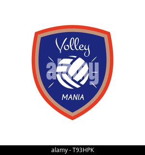 Volleyball Logo Vorlage, Abzeichen. Volley-Manie mit Ball. Farbenfrohes Labeldesign für Sportveranstaltungen oder Clubs. Stock-Vektor auf weißem Hintergrund isoliert Stock Vektor