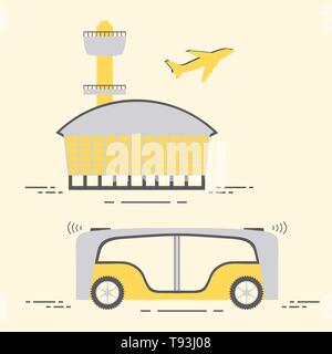 Selbstfahrer Transport der Passagiere zum Flughafen. Automatisierte Bus, autonome Fahrzeug, fahrerlose Bus. Den wissenschaftlichen und technischen Fortschritt. Neue techn Stock Vektor