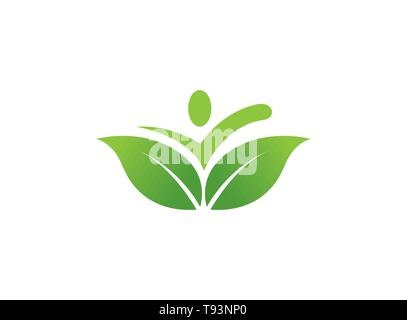 Eine Person Hände oben in Blätter kreativen Yoga Symbol für Logo-Design Stock Vektor