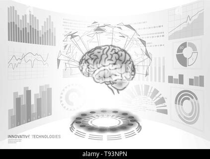 Gehirn Diagnose Behandlung Low Poly 3D HUD. Droge nootropische Reizmittel Smart Display. Medizin kognitive Rehabilitation in der Alzheimer-Krankheit und Dementi Stock Vektor