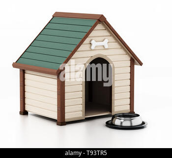 Doghouse und Futternapf auf weißem Hintergrund. 3D-Darstellung. Stockfoto