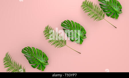 Realistische Palmblättern auf Korallen leben Hintergrund für kosmetische ad oder modeillustration. Tropische frame exotische Banane Palm. Verkauf Banner Design. 3D Stockfoto