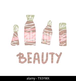 Satz von Schönheit. Hygiene Fläschchen, Röhrchen im flachen Stil und Schriftzug Schönheit. Vector Illustration. Stock Vektor