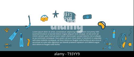 Social Media Banner Vorlage mit Tauchen Satz von Elementen und Ausrüstung. Unterwasser Aktivität Symbole und Zubehör. Diver Maske, aqualung, Sno Stock Vektor