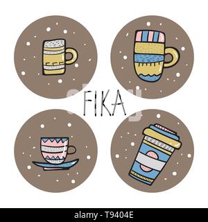 Fika Konzept. Schriftzug mit Kaffeetassen. Satz von Tassen mit heißem Getränk in doodle Stil. Plakat Vorlage. Vector Illustration. Stock Vektor