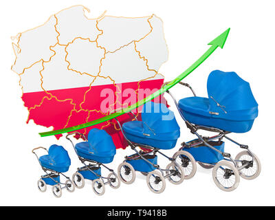 Wachsende Geburtenrate in Polen, Konzept. 3D-Rendering auf weißem Hintergrund Stockfoto