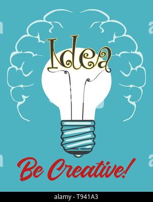 Lampe mit Idee Formulierung im Inneren. Kreativer Kopf Konzept Retro Poster. Vector Illustration. Stock Vektor