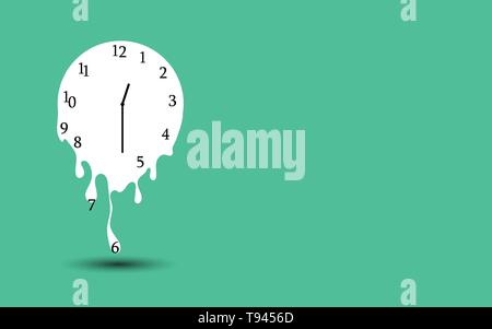 Schmelzende Uhr flache Design Vector Illustration auf grünem Hintergrund. Stock Vektor