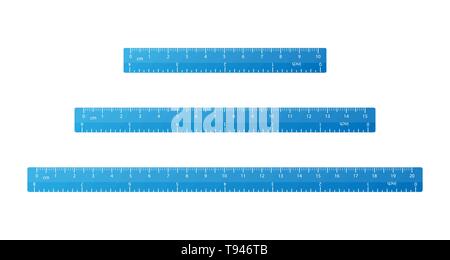 Der helle blaue Schule Lineale mit Zentimeter und Zoll Marken isoliert auf weißem Stock Vektor