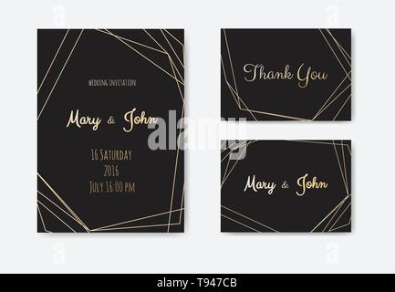 Hochzeit Einladung, Card Design mit geometrischen Kunst Linien, Blattgold Rand, Rahmen einladen. Vektor moderne geometrische abstrakte Vorlage, Layout. Stock Vektor