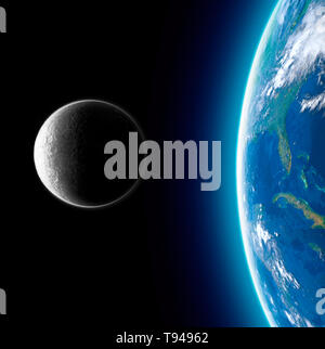Mond und Erde vom Weltraum aus gesehen. Mond und Erde im Hintergrund. Der Mond von der Erde aus gesehen. 50. Jahrestag der Mondlandung Stockfoto