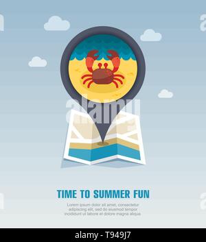 Krabbe Vektor pin Symbol Karte. Strand Kartenzeiger. Sommer Karte Markierungen. Sommer. Ferienhäuser, eps 10. Stock Vektor