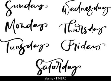 Hand dekorative Schriftzüge der Tage der Woche mit verschiedenen Buchstaben in isolierten auf weißem Hintergrund für Kalender, Planer, Tagebuch gezeichnet, Dekoration Stock Vektor