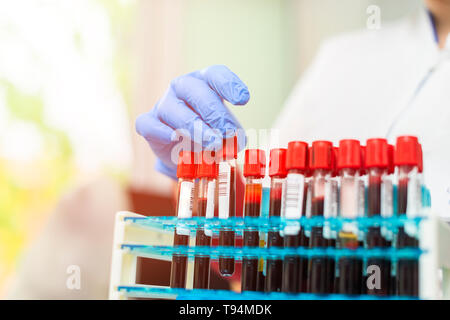 Arzt hand Entnahme einer Blutprobe Rohr aus einem Rack mit Maschinen der Analyse im Labor Hintergrund/Techniker holding Blut tube test im Research Co Stockfoto