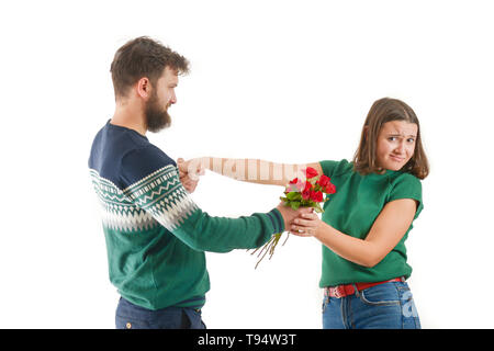 Junger Mann von einer jungen Frau auf der velentine Tag abgelehnt. Stockfoto