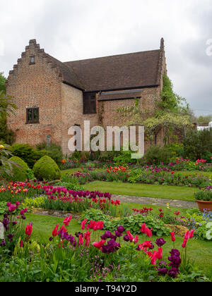 Chenies Manor versunkenen Garten im Frühjahr mit leuchtenden Tulpen; Hochformat der Anlage Grenzen, Gras Pfade mit restaurierten Pavillon.. Stockfoto