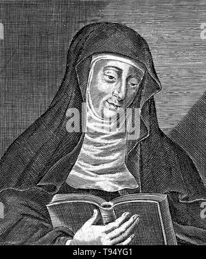 Hildegard von Bingen (1098 - 17. September 1179) war ein deutscher Benediktiner Äbtissin, Autor, Komponist, Philosoph, christliche Mystiker, visionär, und Universalgelehrten. Sie ist der Gründer der wissenschaftlichen Natural History in Deutschland. Eines ihrer Werke als Komponist, der Ordo virtutum, ist ein frühes Beispiel der liturgischen Drama und wohl das älteste erhaltene Moral spielen. Stockfoto