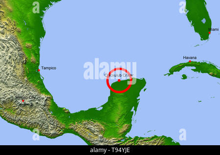 Chicxulub Krater. Karte mit der Lage der Chicxulub Krater (Mitte) auf der Halbinsel Yucatan, Mexiko. Diese Auswirkungen können das Aussterben der Dinosaurier und 70% der Arten vor 65 Millionen Jahren die Erde verursacht haben. Die vier roten Punkte stellen die Städte (von links nach rechts): Mexico City, Tempico (bei denen Material aus dem Krater ausgeworfen wurde gefunden), Havanna und Miami. Stockfoto
