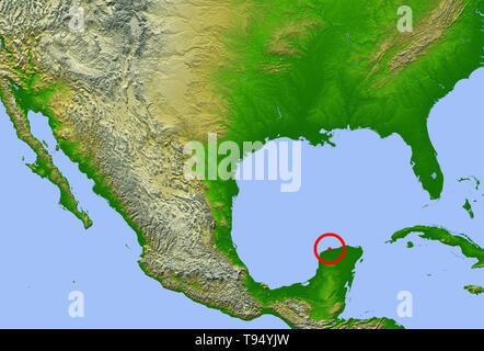 Chicxulub Krater. Karte mit der Lage der Chicxulub Krater (Mitte) auf der Halbinsel Yucatan, Mexiko. Diese Auswirkungen können das Aussterben der Dinosaurier und 70% der Arten vor 65 Millionen Jahren die Erde verursacht haben. Die vier roten Punkte stellen die Städte (von links nach rechts): Mexico City, Tempico (bei denen Material aus dem Krater ausgeworfen wurde gefunden), Havanna und Miami. Stockfoto