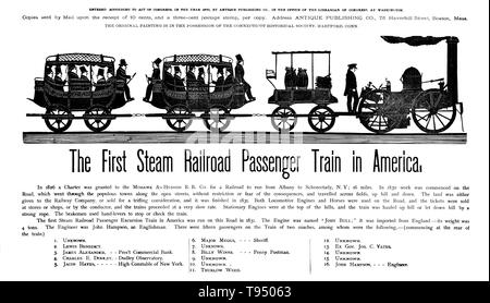 Die Mohawk&Hudson Railroad war die erste Eisenbahn in New York gebaut und einer der ersten Eisenbahnen in den Vereinigten Staaten. Es wurde so genannt, weil es dem Mohawk River bei Schenectady mit den Hudson River in Albanien verbunden. Es war, als die Möglichkeit, Erie Canal Passagiere die umständlichen Cohoes fällt zu schnell über dampfbetriebene Züge bypass konzipiert. Die DeWitt Clinton Lokomotive, die von der West Point Gießerei in New York gebaut, hat seinen ersten Test laufen am 2. Juli 1831. Stockfoto