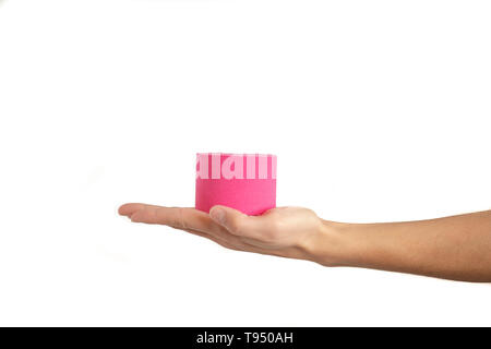 Frau Hand kinesiotape isoliert auf weißem Stockfoto