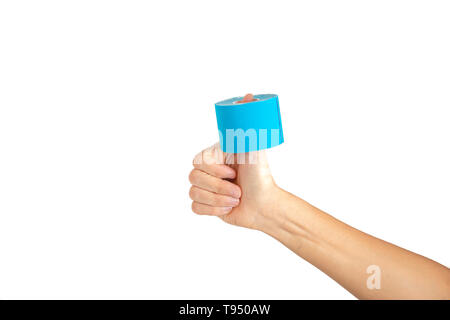Frau Hand kinesiotape auf weißem Hintergrund Stockfoto