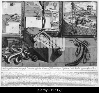 Mittel, mit denen die große Blöcke von Travertin Marmor und beim Bau der großen Grabmal der Caecilia Metella, von Le Antichita Romane (Antikensammlung), 1756-57 aufgehoben wurden. Giovanni Battista Piranesi (Italienisch, 1720 - 1778) Während Piranesi bei der Arbeit auf der Antichita Romane, das Ergebnis jahrelanger Forschung auf dem Gebiet der hoch entwickelten technischen Fähigkeiten der Römer, der ersten Bedrohungen der Römische Primat war zu hören waren. Stockfoto