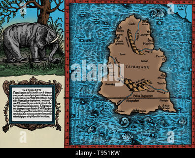 Ptolemäus Karte von Ceylon auf der Beschreibung von Ptolemäus buch Geographia enthalten, geschrieben 150 AD. Obwohl verbindlich Karten nie gefunden wurden, die geographia enthält Tausende von Referenzen zu den verschiedenen Teilen der alten Welt, mit Koordinaten für die meisten, die kartographen Ptolemäus Weltbild zu rekonstruieren, wenn das Manuskript wurde um 1300 N.CHR. entdeckt. Stockfoto