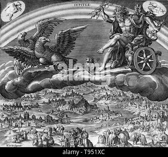 Jupiter in seinem Wagen durch Adler gezeichnet. In der alten römischen Religion und Mythos, Jupiter Jupiter ist der König der Götter und der Gott des Himmels und des Donners. Jupiter war der oberste Gottheit der Römischen Staatsreligion der gesamten Republikanischen und Imperial Epochen, bis das Christentum die vorherrschende Religion des Reiches wurde. Er ist in der Regel als Himmel Gott entstanden zu sein. Stockfoto