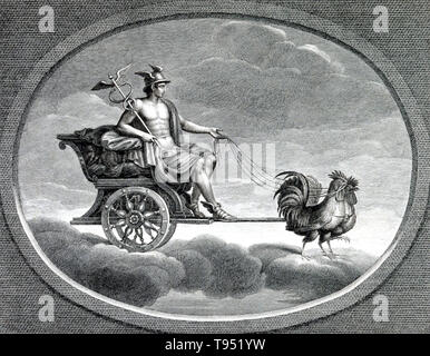 Mercury mit seinen caduceus, in seinem Wagen durch die Hähne gezeichnet. Merkur war ein Bote, die geflügelten Sandalen und ein Gott des Handels, Diebe trug, und Reisen, der Sohn von Maia Maiestas und Jupiter in der römischen Mythologie. Seine Merkmale und Mythologie wurden von den analogen Griechischen Gott Hermes ausgeliehen. Merkur hat die Namen der vielen Dinge, die in einer Vielzahl von wissenschaftlichen Bereichen, wie der Planet Merkur beeinflusst, und das Element Quecksilber. Stockfoto