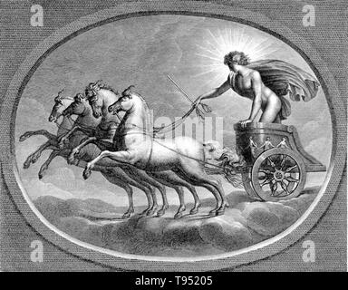 Sol in seinem Wagen, über den Himmel. Sol war der in der alten römischen Religion. Es war lange dachte, dass Rom wirklich hatte zwei unterschiedliche, aufeinander folgende sun Götter. Die erste, Sol Indiges, wurde unwichtig gewesen, insgesamt in einem frühen Zeitraum verschwinden. Erst in den späten Römischen Reich, Wissenschaftler argumentiert, hat Solar Kult wieder erscheinen mit der Ankunft in Rom der syrischen Sol Invictus, vielleicht unter dem Einfluß der Mithraic Mysteries. Stockfoto