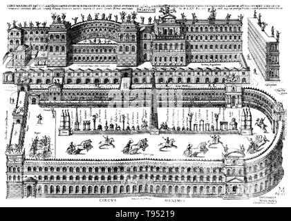 Der Circus Maximus ist ein antikes römisches Streitwagenrennen Stadion und Masse Veranstaltungsort in Rom, Italien. In dem Tal zwischen den Aventin und Palatin Hügel, es war das erste und größte Stadion im antiken Rom und seiner späteren Reich. Es gemessen 2.037 Fuß in der Länge und 387 Meter Breite und konnten über 150.000 Zuschauer Platz. In seiner voll entwickelten Form, Es wurde zum Modell für den Zirkus im ganzen Römischen Reich. Stockfoto
