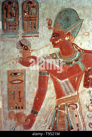 Malte Entlastung von Ramses III mit Weihrauch, Tal der Könige. Usimare Ramses III. war der zweite Pharao der 20. Dynastie und gilt als der letzte, Neues Reich König werden in einem wesentlichen Autorität über Ägypten auszuüben. Seine lange Regierungszeit sah der Niedergang der ägyptischen politischen und wirtschaftlichen Macht, zu einer Reihe von Invasionen und internen ökonomischen Problemen verbunden. Ramses III. war der Sohn von Setnakhte und Königin Tiy-Merenese. Stockfoto