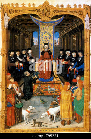 Guillaume Caoursin präsentiert seine Obsidionis Rhodiae urbis descriptio, (die Belagerung von Rhodos), Grand Master d'Aubusson. Pierre d'Aubusson (1423 - Juli 3, 1503) war ein Großmeister des Ordens des Heiligen Johannes von Jerusalem (die Ritter Johanniter) und ein eifriger Gegner des Osmanischen Reiches. Stockfoto